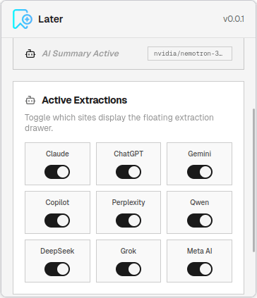 Later Browser Extension UI - Saving AI Chats to Markdown